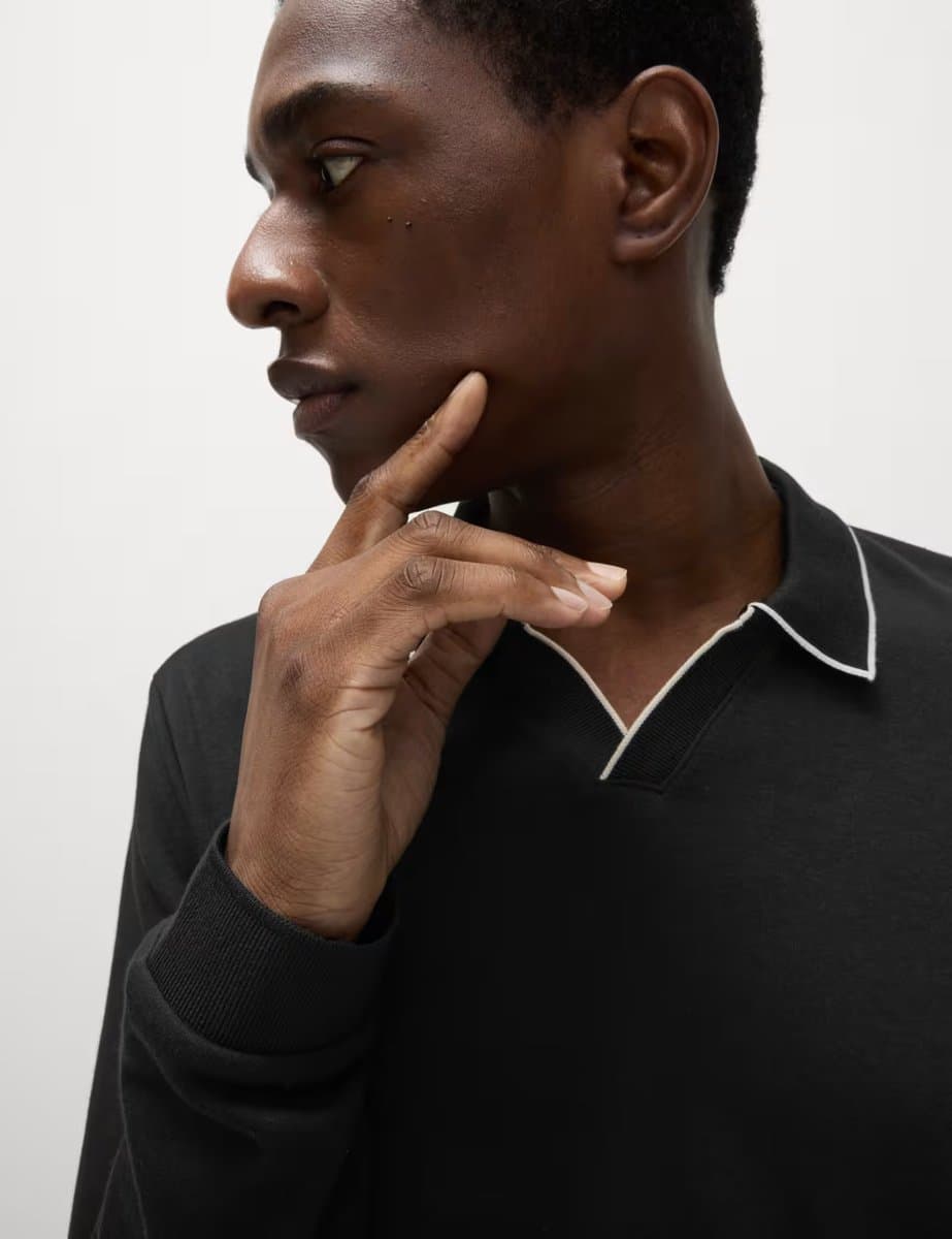 Marks & Spencer M&S Pure Cotton Tipped Long Sleeve Polo Shirt Black