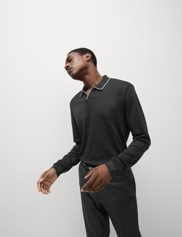Marks & Spencer M&S Pure Cotton Tipped Long Sleeve Polo Shirt Black - 2