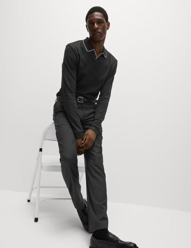 Marks & Spencer M&S Pure Cotton Tipped Long Sleeve Polo Shirt Black - 3