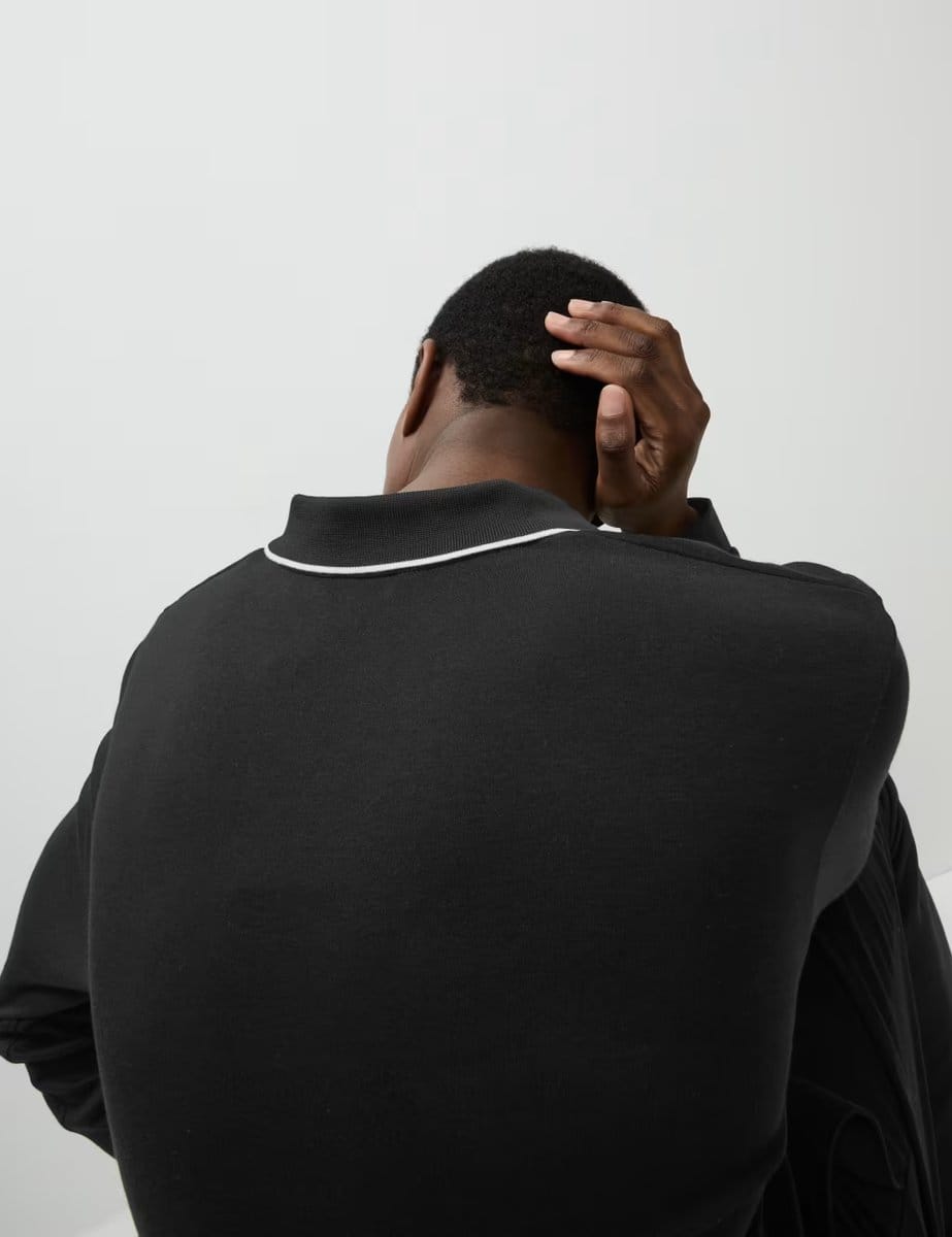 Marks & Spencer M&S Pure Cotton Tipped Long Sleeve Polo Shirt Black - 4