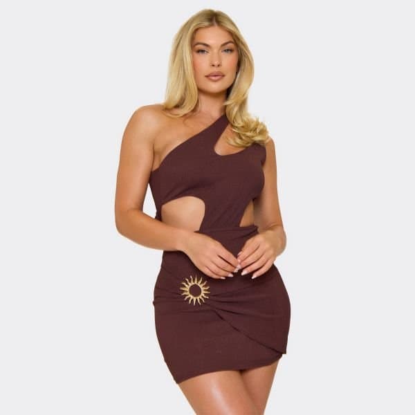 EGO Asymmetric One Shoulder Cut Out Trim Detail Mini Dress In Brown, Women's Size UK 6