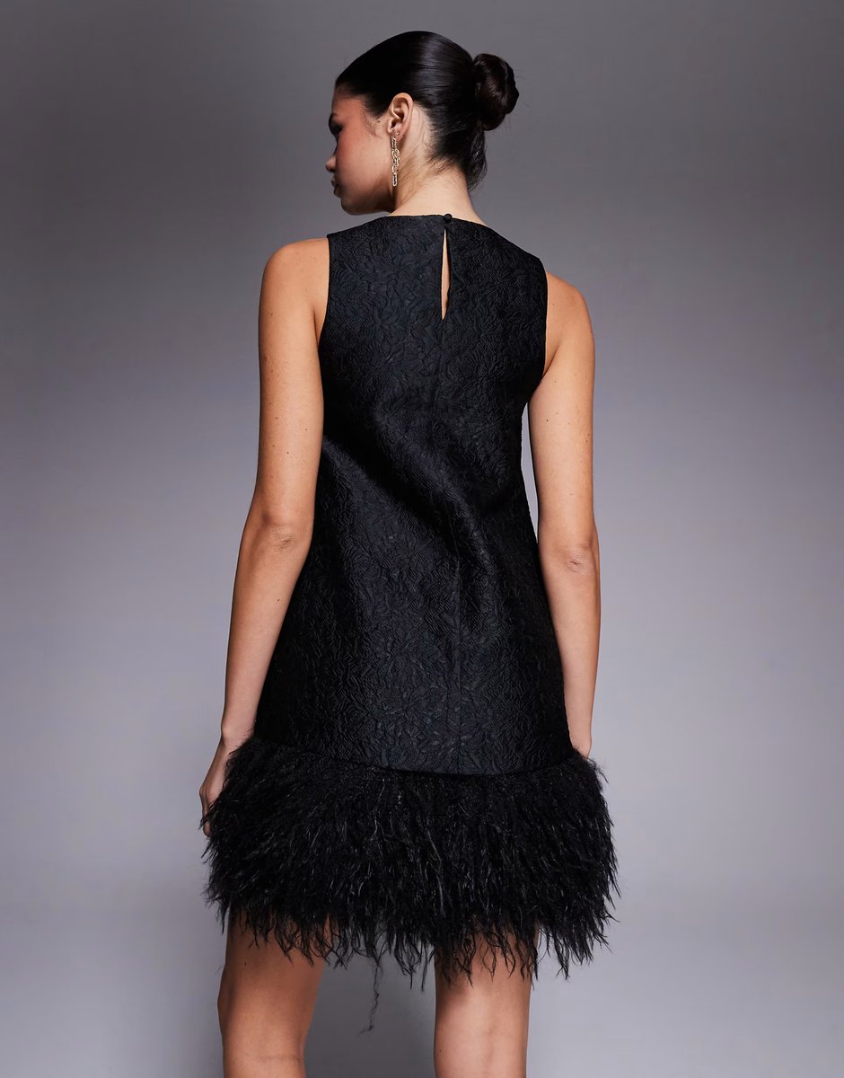 ASOS New Look faux feather trim jacquard mini dress in black - 3