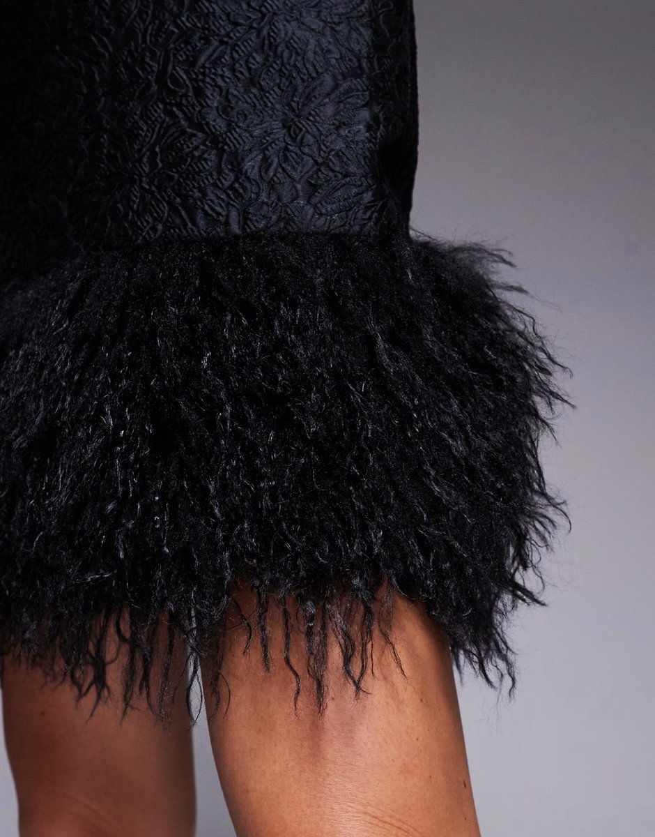 ASOS New Look faux feather trim jacquard mini dress in black - 4