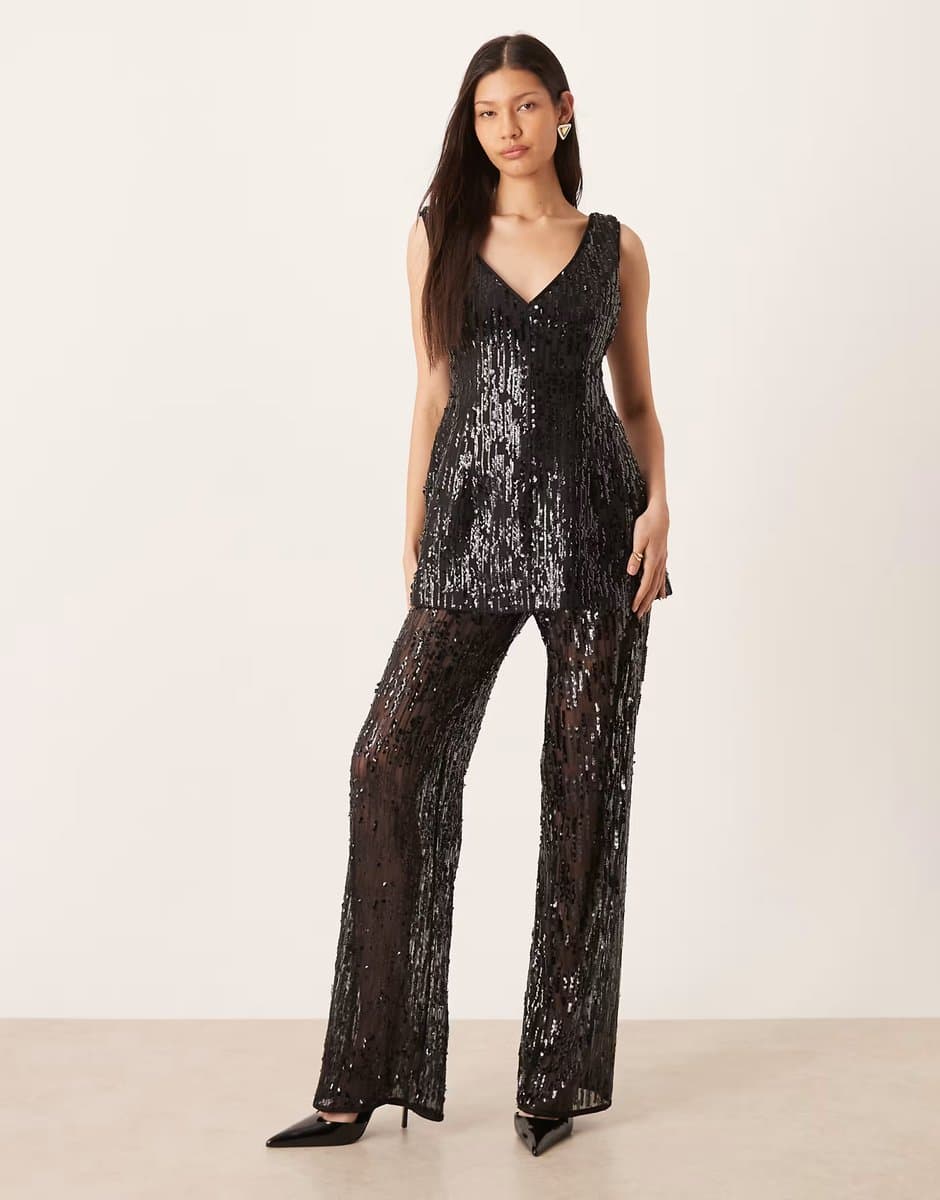 ASOS ASOS DESIGN tailored sequin peplum top and sheer sequin trousers co-ord in black