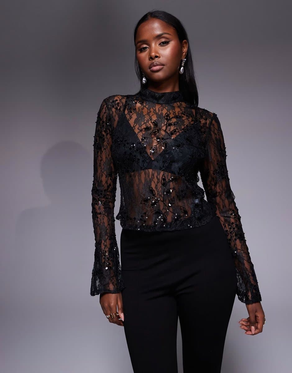 ASOS ASOS DESIGN delicate lace scatter sequin flare sleeve top with cutout back detail in black