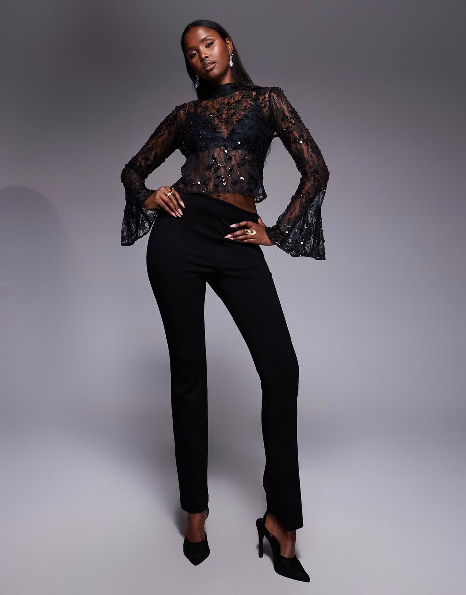 ASOS ASOS DESIGN delicate lace scatter sequin flare sleeve top with cutout back detail in black - 2