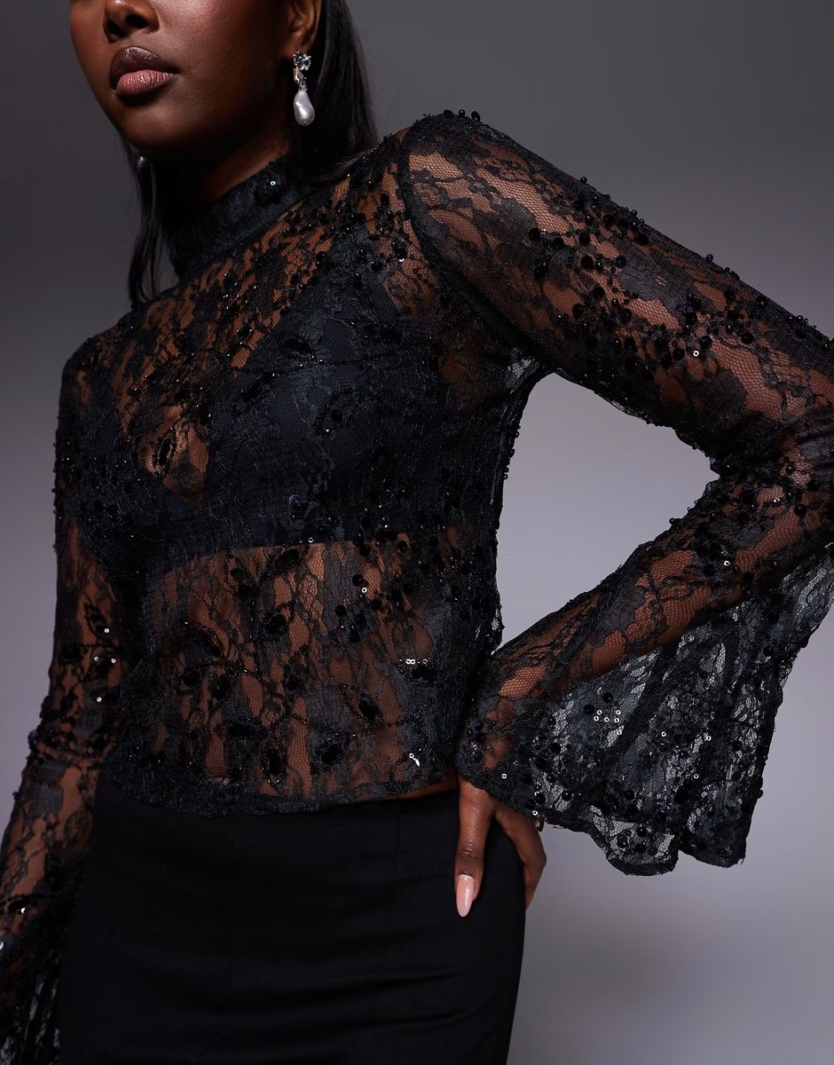 ASOS ASOS DESIGN delicate lace scatter sequin flare sleeve top with cutout back detail in black - 3