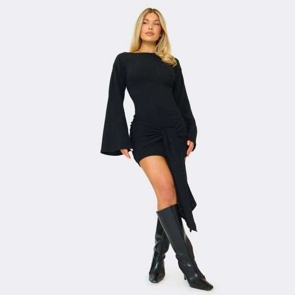 EGO Mid Waist Wrap Detail Mini Dress In Black, Women's Size UK 6