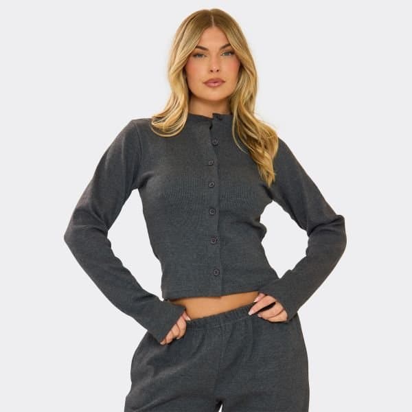 EGO EGO Charcoal Grey Ribbed Long Sleeve Button Front Fitted Top
