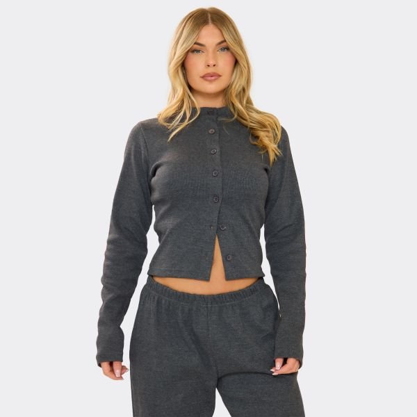EGO Long Sleeve Button Front Fitted Top In Charcoal Grey Ribbed, Women's Size UK 6 - 2