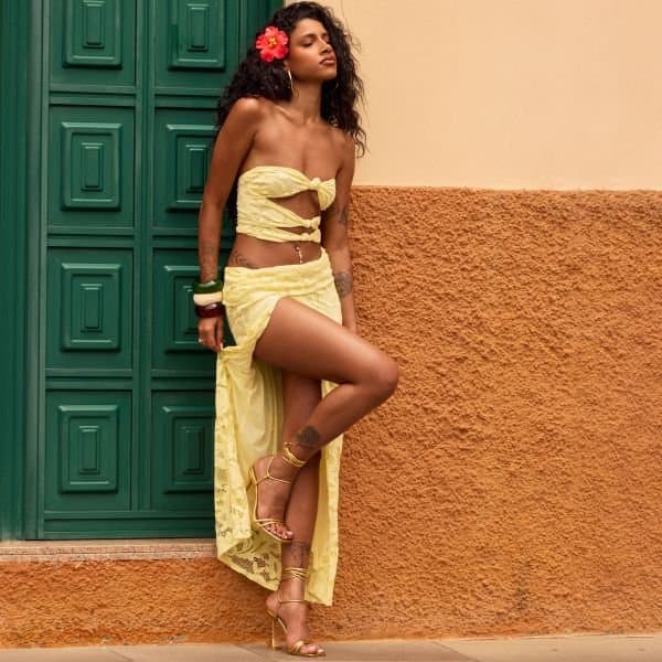 EGO Bandeau Knot Detail Cut Out Side Split Maxi Dress In Lemon Lace, Women's Size UK 12