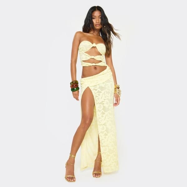 EGO Bandeau Knot Detail Cut Out Side Split Maxi Dress In Lemon Lace, Women's Size UK 12 - 2