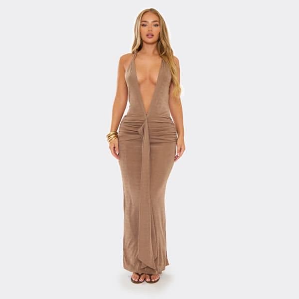 EGO Twist Strap Plunge Drape Detail Maxi Dress In Bronze Slinky, Women's Size UK 8