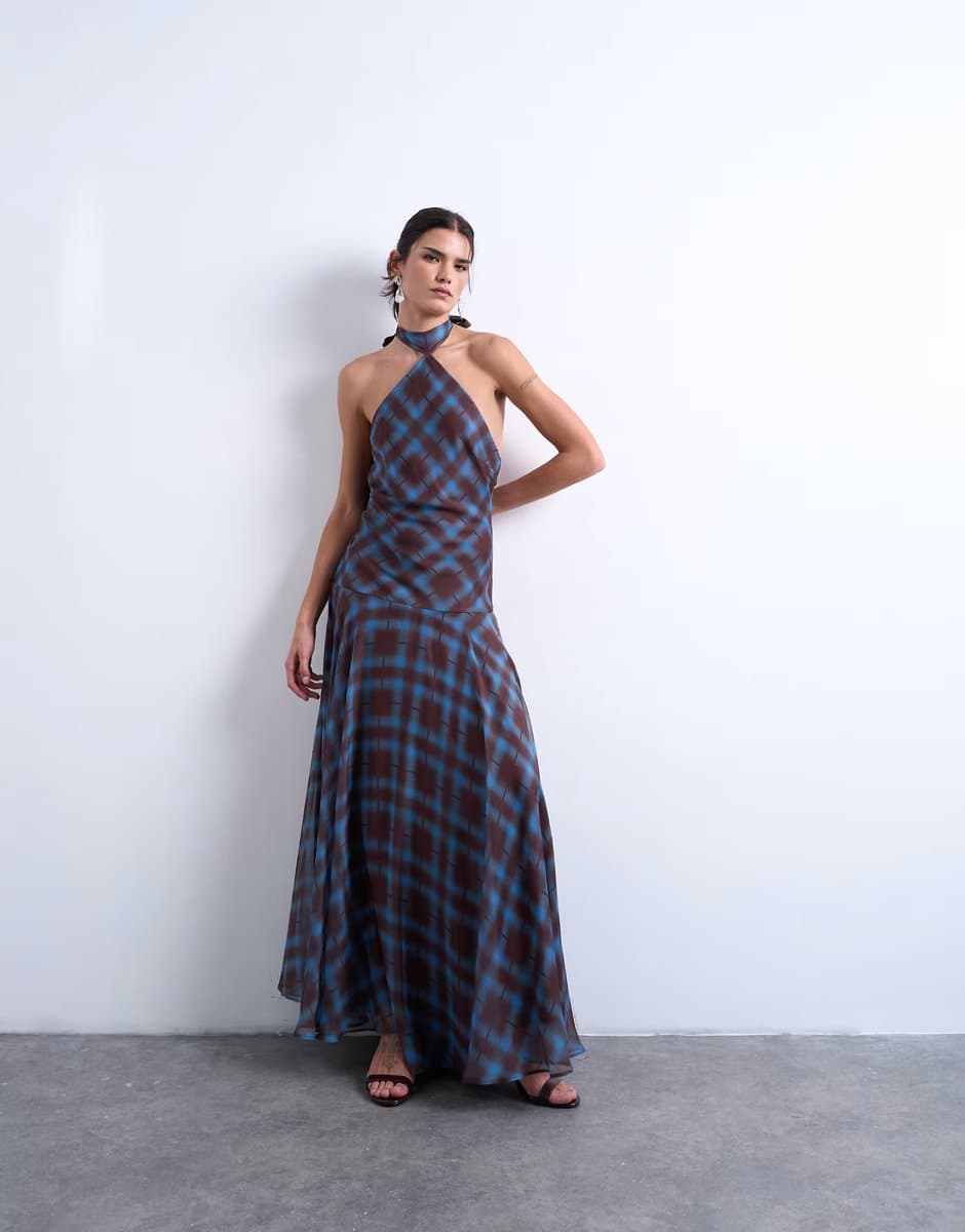 ASOS Topshop volume hem dropped waist maxi dress in blue check chiffon