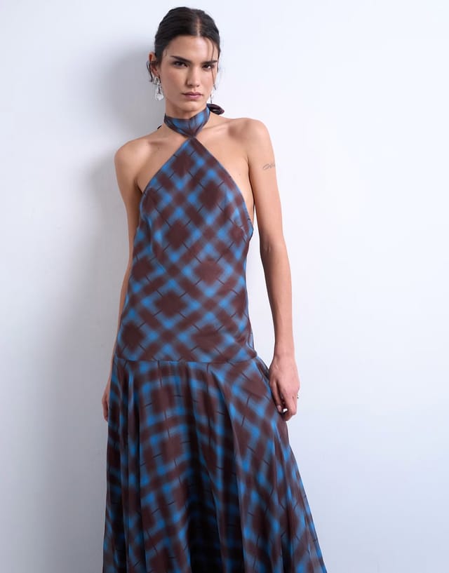ASOS Topshop volume hem dropped waist maxi dress in blue check chiffon - 3