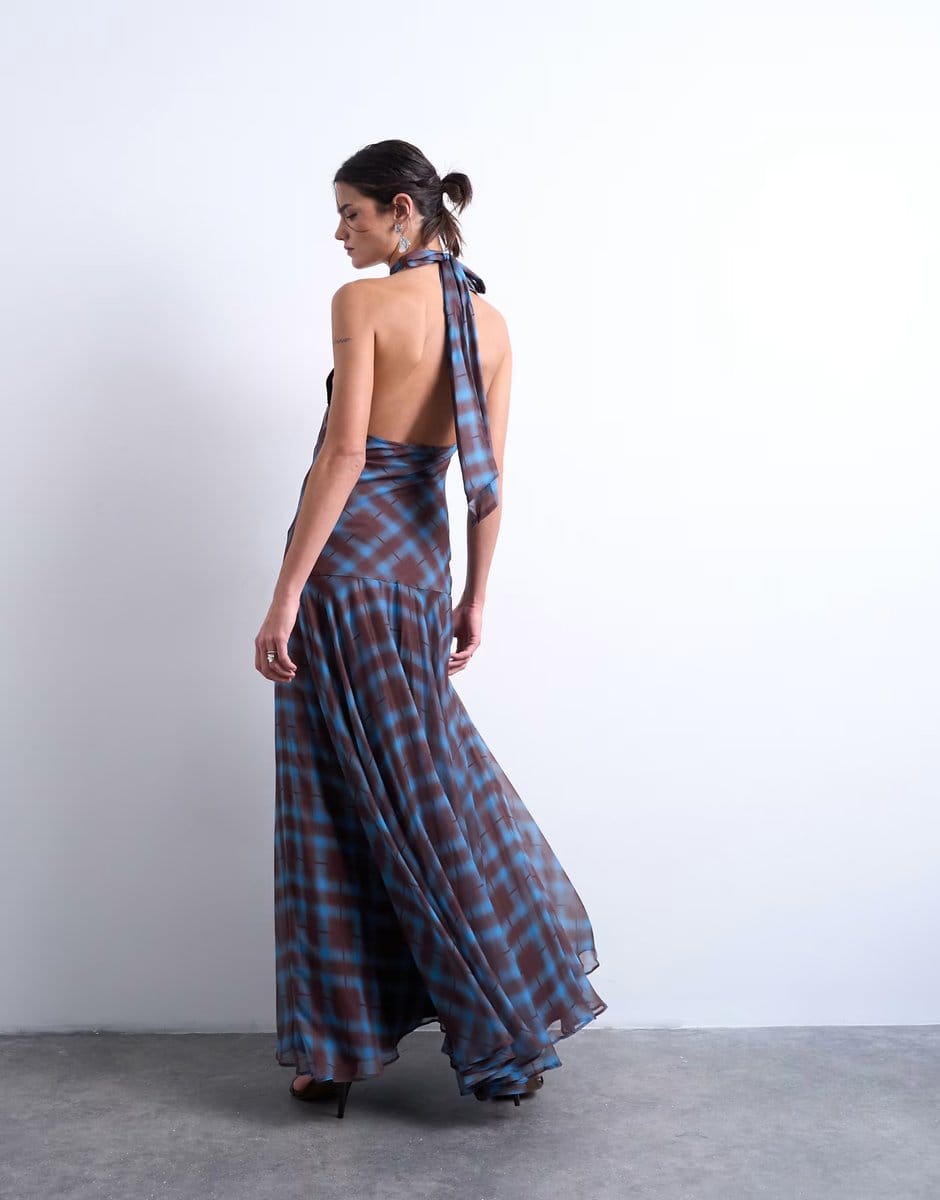 ASOS Topshop volume hem dropped waist maxi dress in blue check chiffon - 4