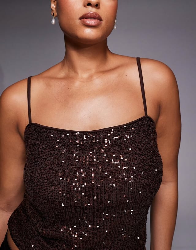 ASOS ASOS DESIGN Curve allover sequin cami top in chocolate - 2