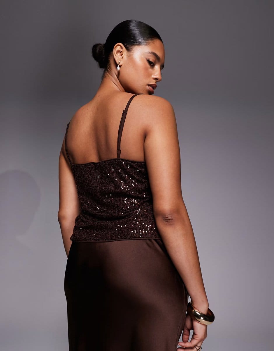 ASOS ASOS DESIGN Curve allover sequin cami top in chocolate - 4