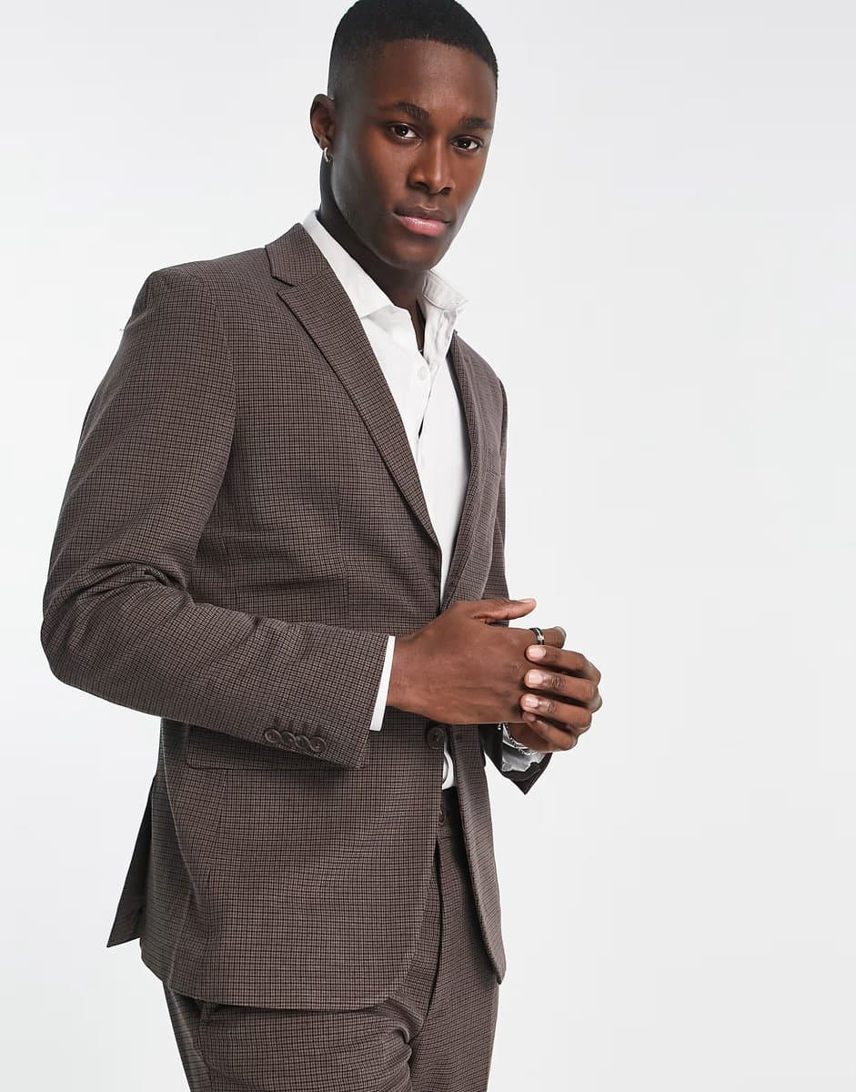ASOS Selected Homme slim fit suit jacket in brown mini check