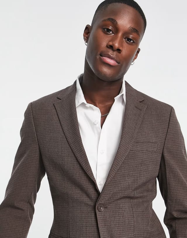 ASOS Selected Homme slim fit suit jacket in brown mini check - 3