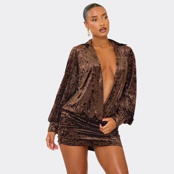EGO Long Sleeve Plunge Blouson Mini Dress In Chocolate Brown Velour, Women's Size UK 6