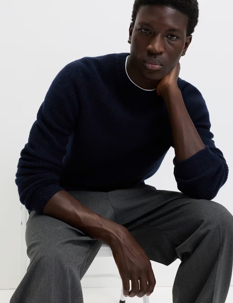 Marks & Spencer M&S Supersoft Ribbed Crew Neck Jumper with Wool Dark Navy