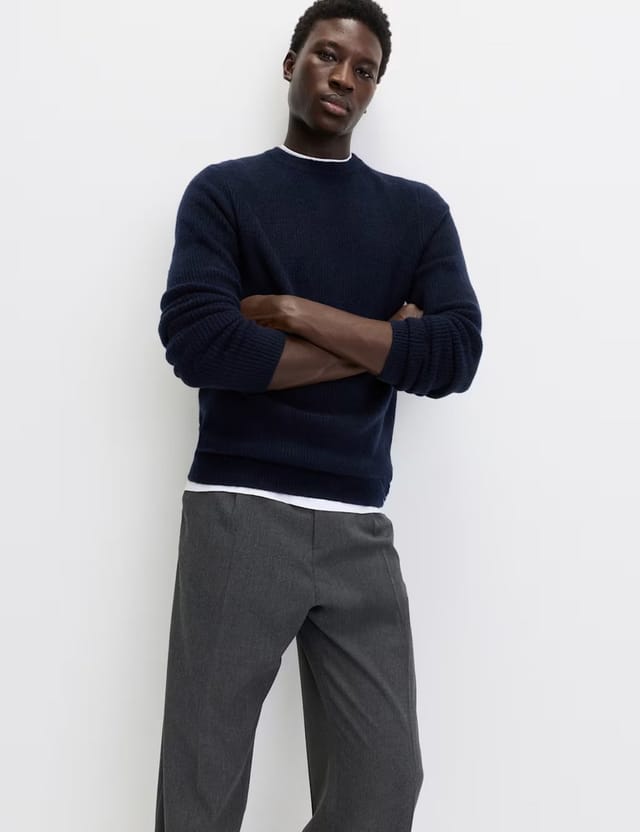 Marks & Spencer M&S Supersoft Ribbed Crew Neck Jumper with Wool Dark Navy - 3