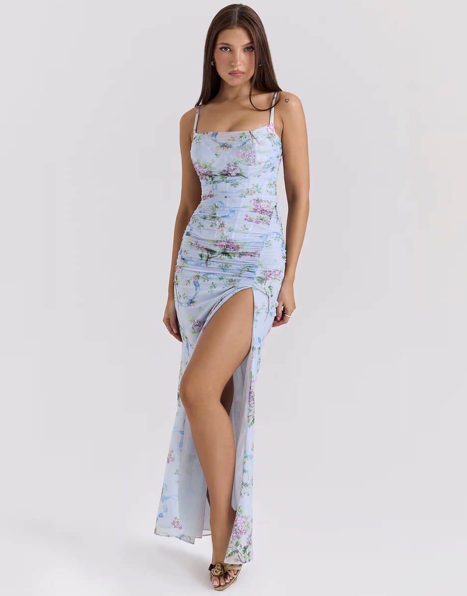 ASOS House of CB Lini mesh maxi dress in blue floral