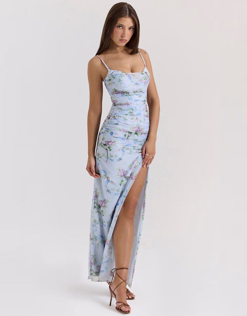 ASOS House of CB Lini mesh maxi dress in blue floral - 4