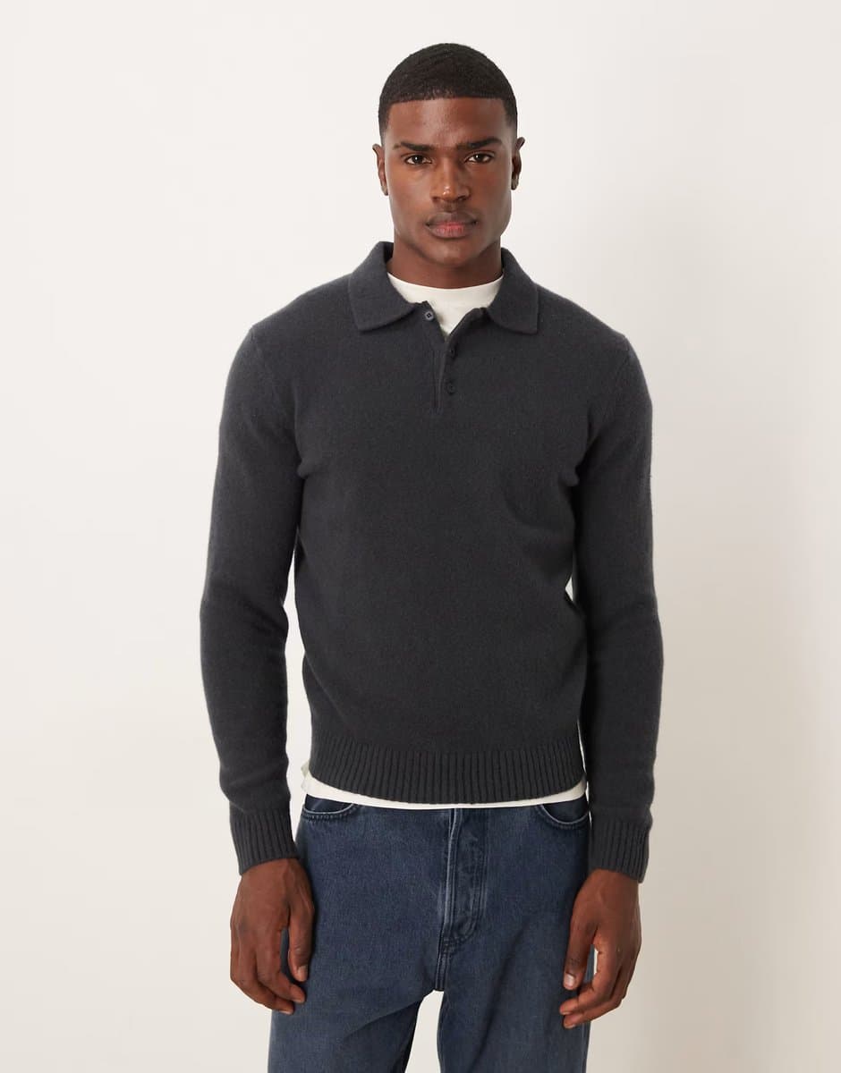 ASOS Mango split neck knitted polo jumper in blue