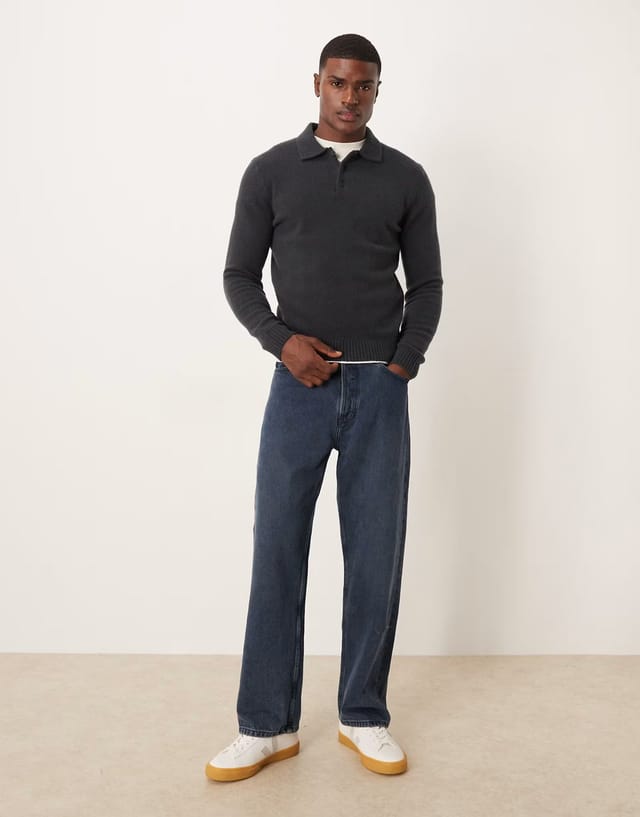 ASOS Mango split neck knitted polo jumper in blue - 2