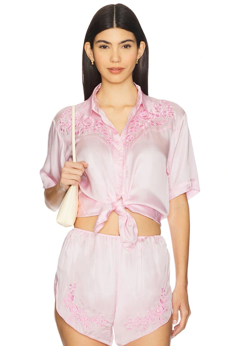 revolve Revolve Floral Embroidered Short Sleeve Shirt in Rose Quartz