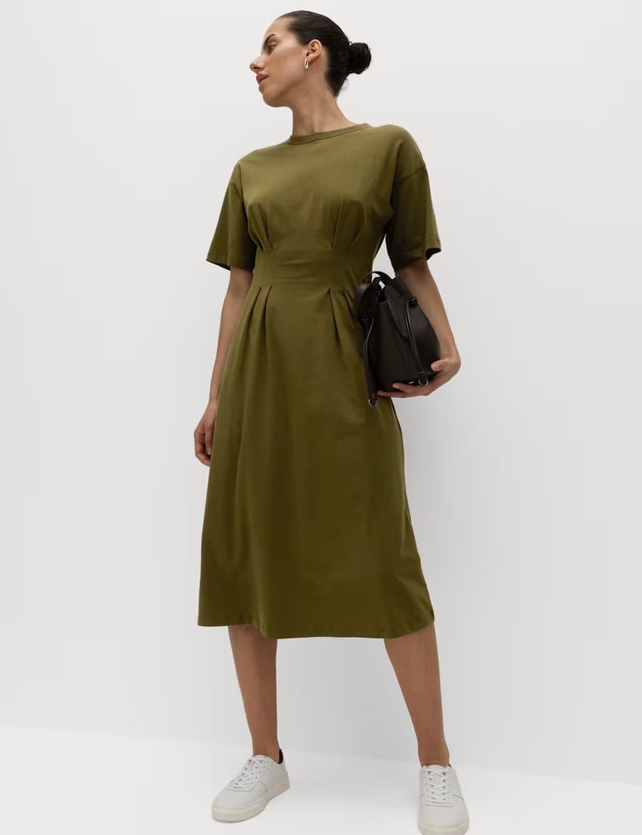 Marks & Spencer M&S Pure Cotton Waisted Midi T-Shirt Dress Dark Khaki