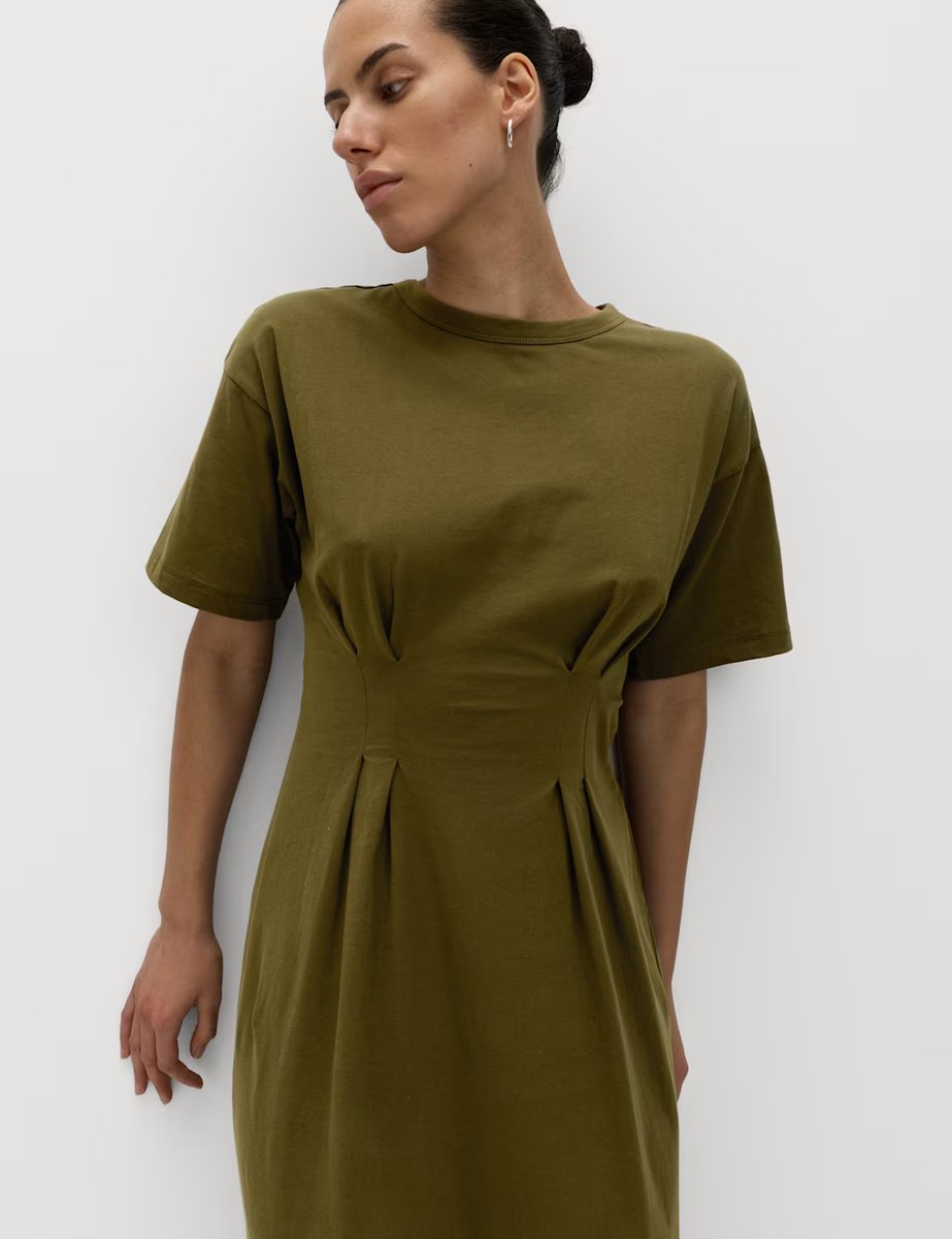 Marks & Spencer M&S Pure Cotton Waisted Midi T-Shirt Dress Dark Khaki - 2