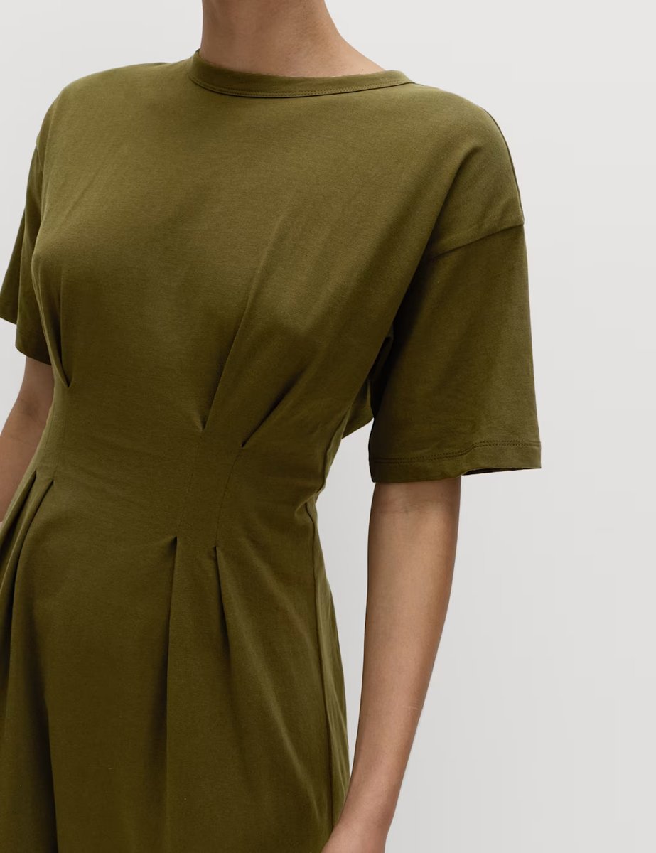Marks & Spencer M&S Pure Cotton Waisted Midi T-Shirt Dress Dark Khaki - 3