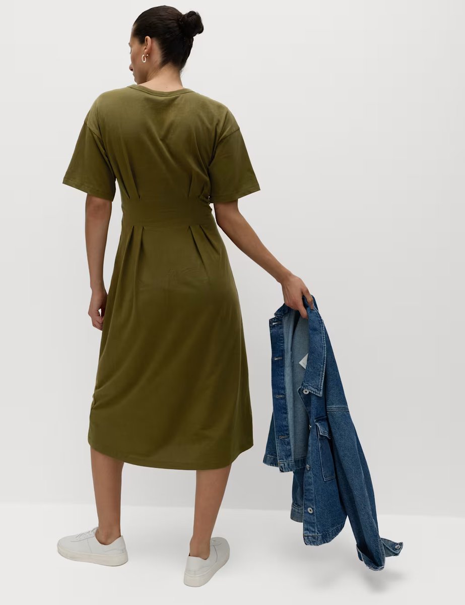 Marks & Spencer M&S Pure Cotton Waisted Midi T-Shirt Dress Dark Khaki - 4