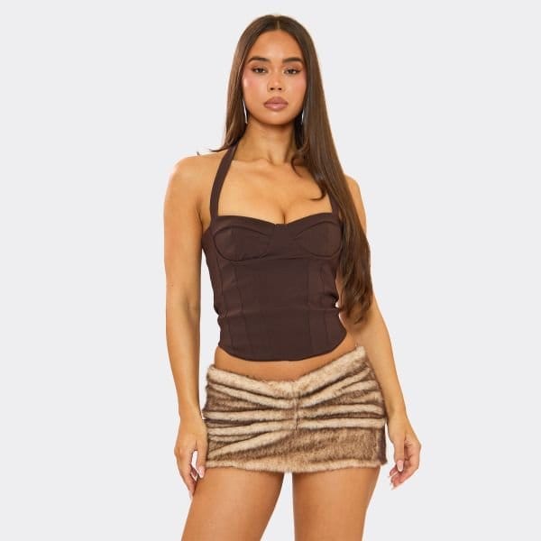 EGO Ruched Detail Micro Mini Skirt In Brown Faux Fur, Women's Size UK Large L - 1