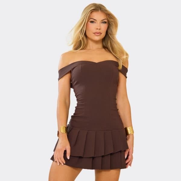 EGO Off The Shoulder Pleated Mini Dress In Chocolate Brown, Women's Size UK 4