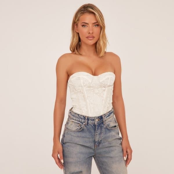 EGO Bandeau Underwired Corset Top In Cream Lace, Women's Size UK 4