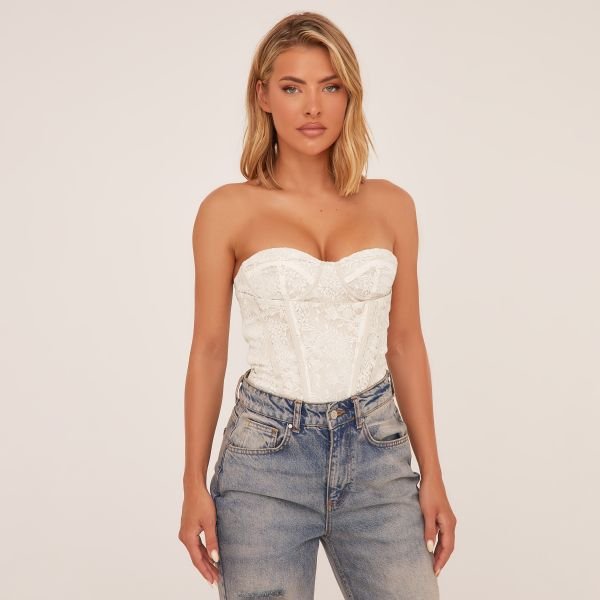 EGO Bandeau Underwired Corset Top In Cream Lace, Women's Size UK 4 - 2