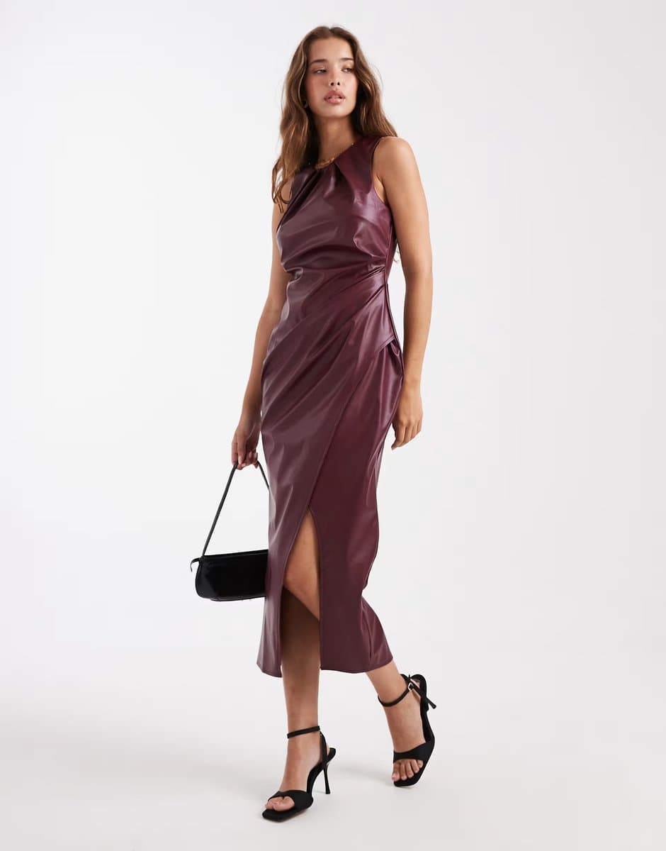 ASOS New Look PU ruched wrap midi dress in burgundy