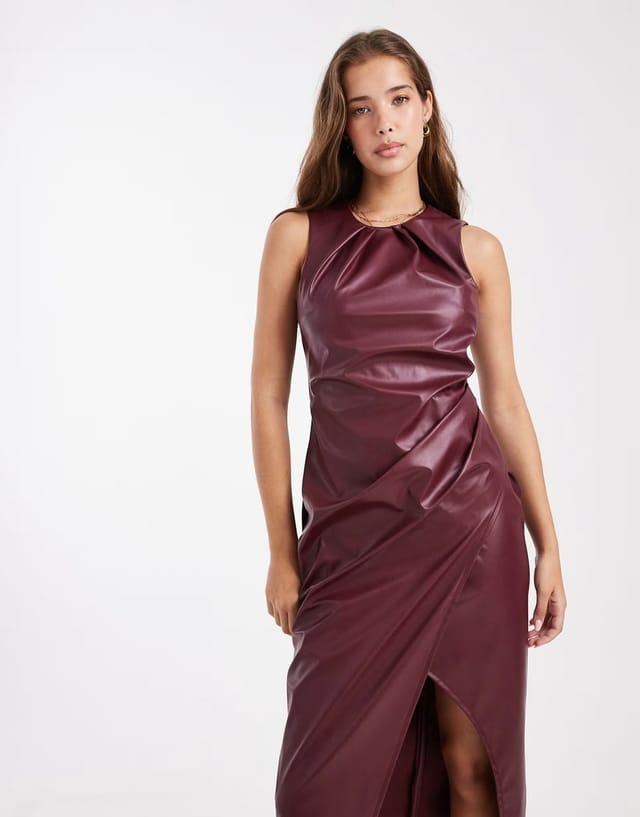 ASOS New Look PU ruched wrap midi dress in burgundy - 3