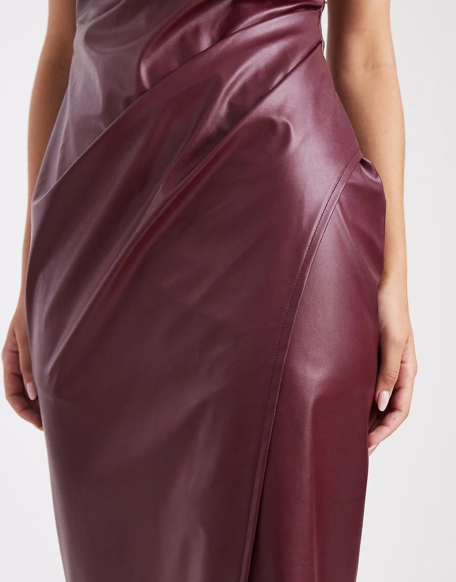 ASOS New Look PU ruched wrap midi dress in burgundy - 4