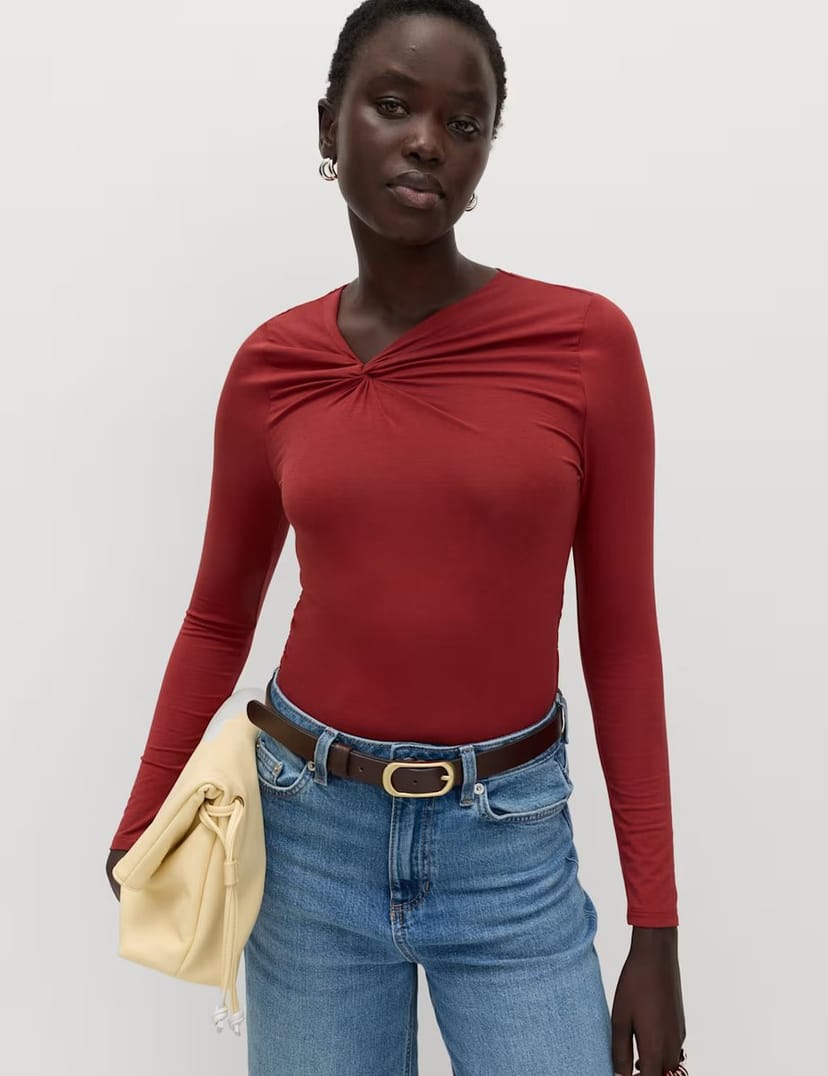Marks & Spencer M&S Cotton Blend Knotted Long Sleeve Top Paprika - 1