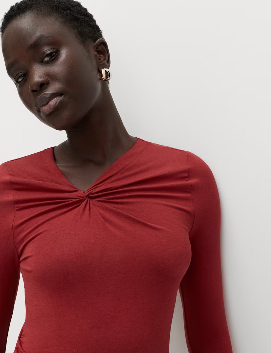 Marks & Spencer M&S Cotton Blend Knotted Long Sleeve Top Paprika - 2