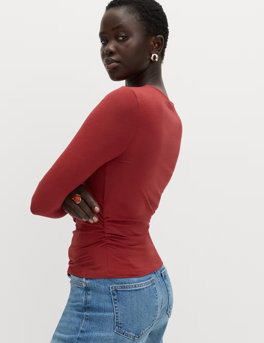 Marks & Spencer M&S Cotton Blend Knotted Long Sleeve Top Paprika - 4