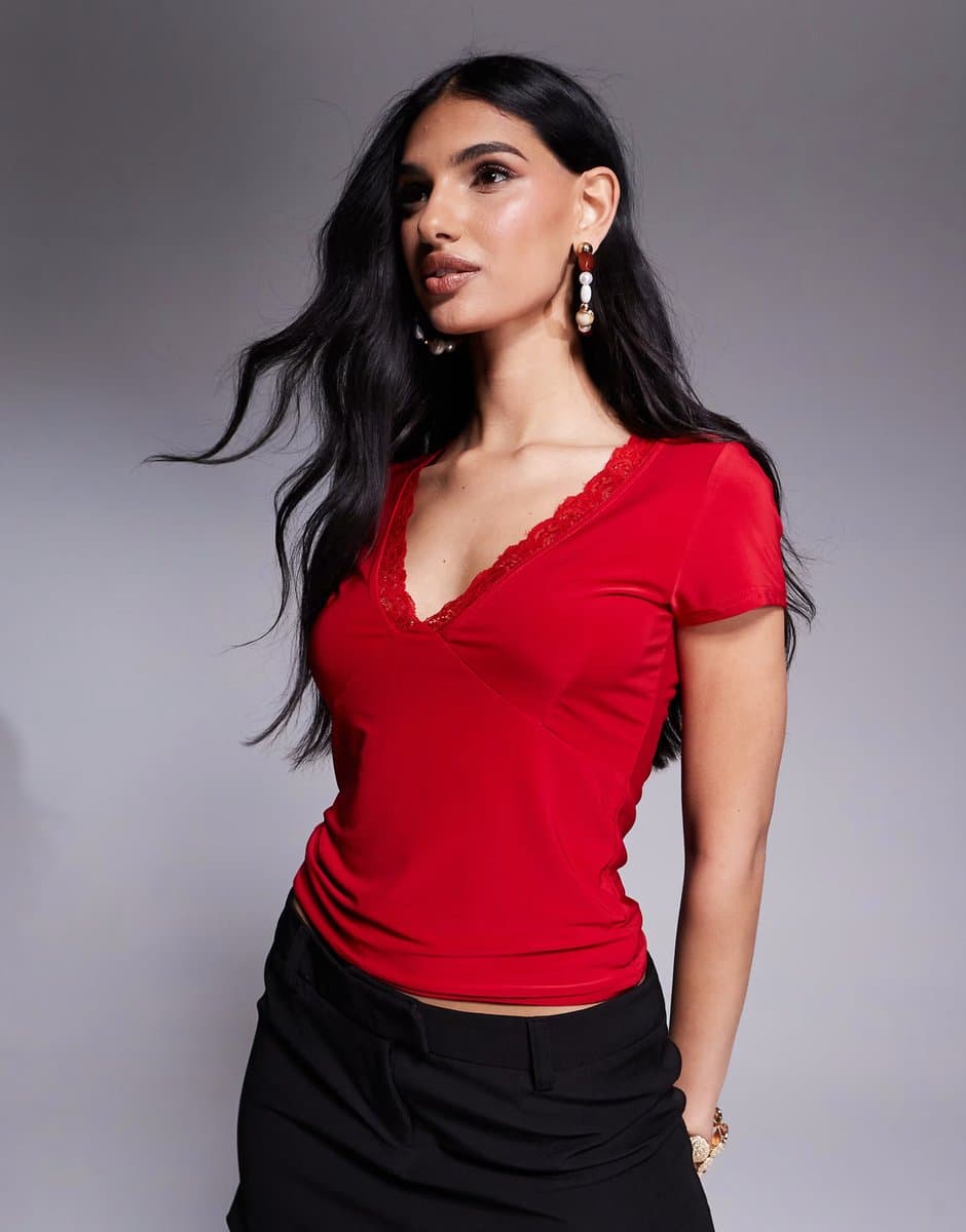 ASOS Fashionkilla Red Double Layered Lace Trim T-Shirt