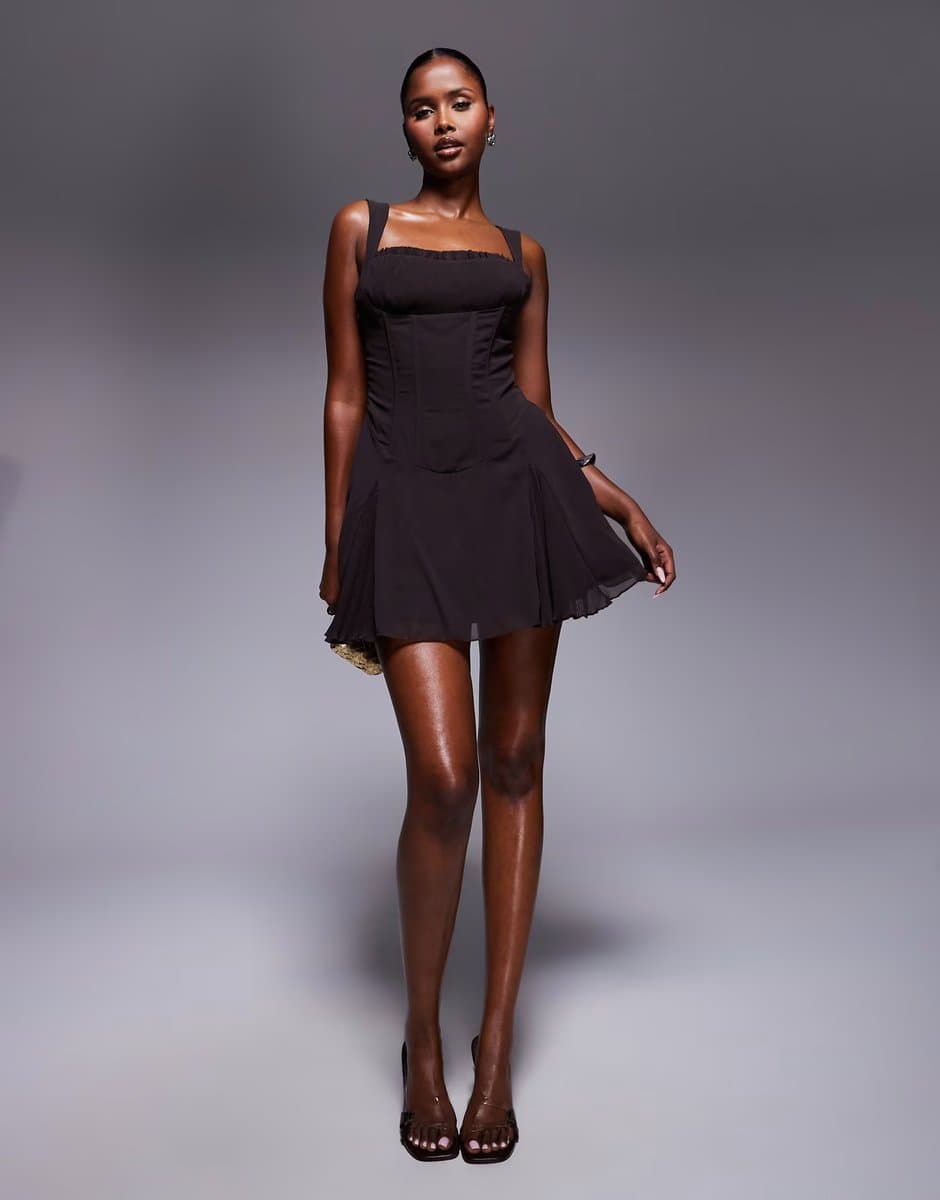 ASOS Murci exclusive chiffon corset waist pleated hem mini dress in chocolate