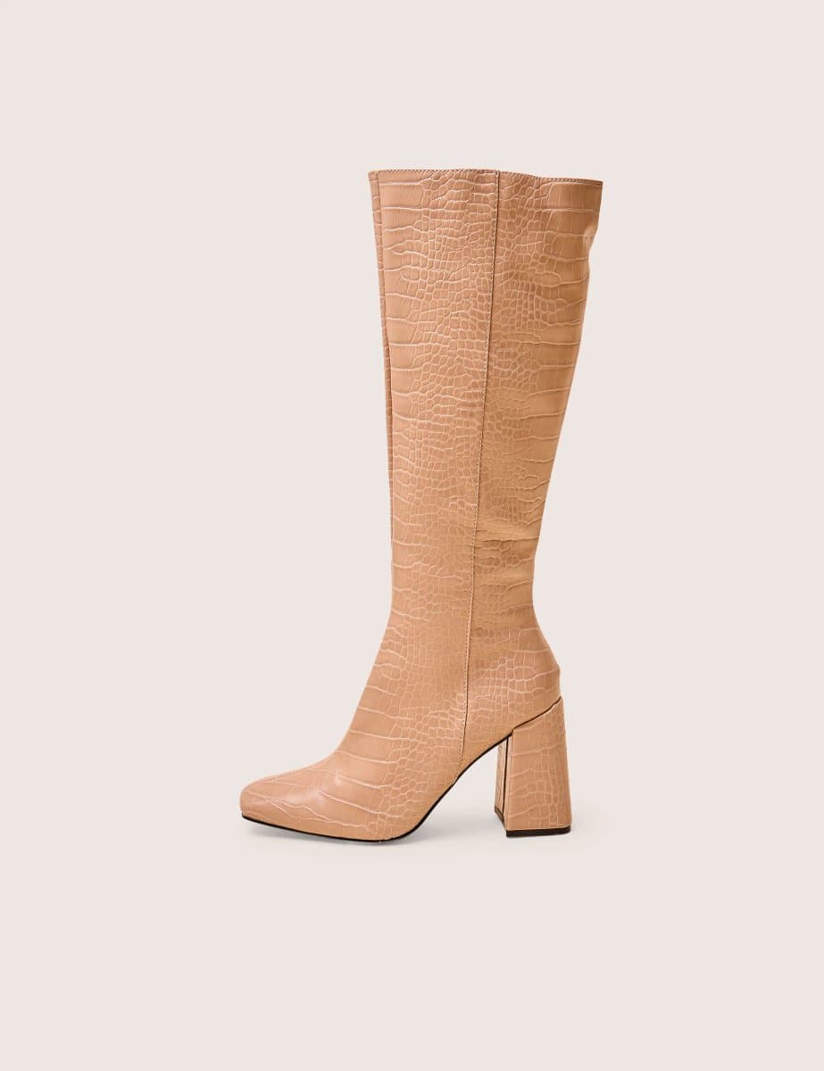 Public Desire Apology Nude Patent Croc Knee High Block Heel Boots