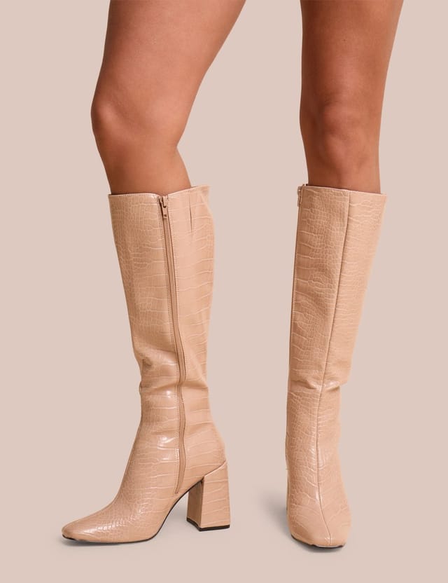 Public Desire Apology Nude Patent Croc Knee High Block Heel Boots - 2